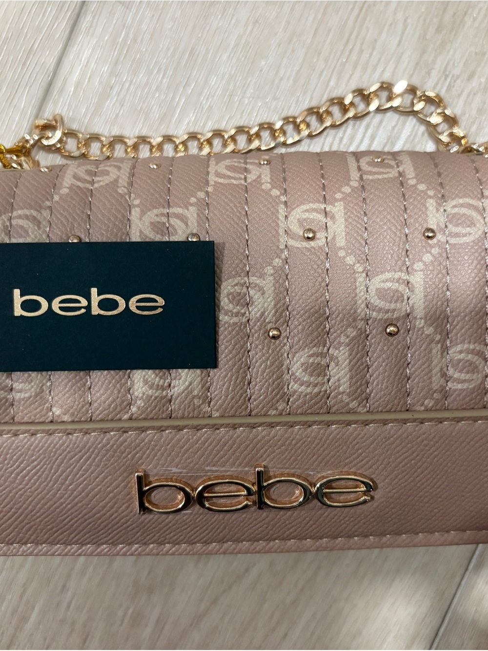 bebe Quilted Logo Crossbody Bag in Blush Pink with Gold Chain